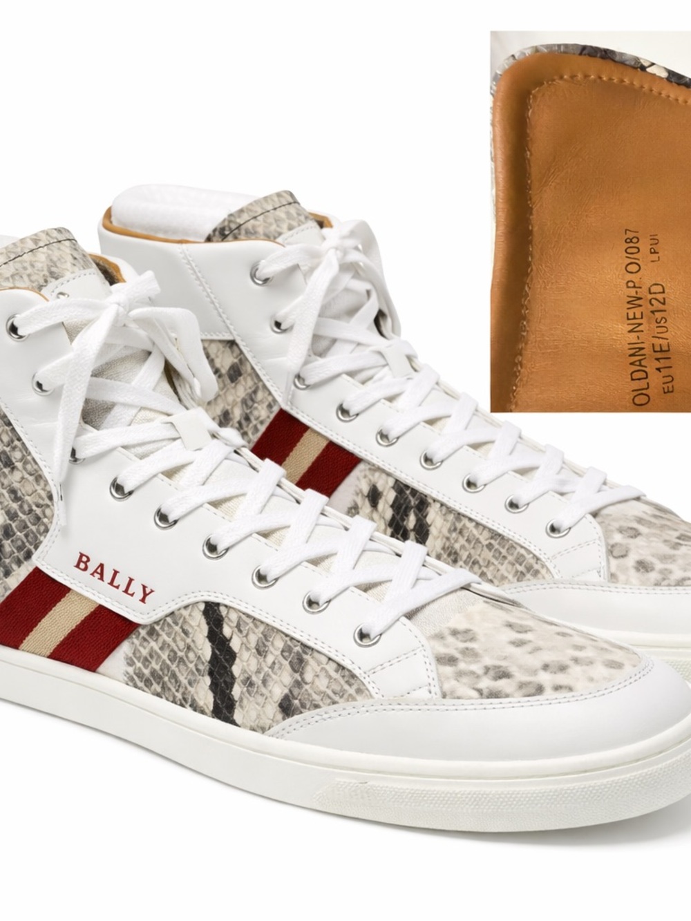 Bally White Leather & Snakeskin High-Top Sneakers with Red and Cream Stripe